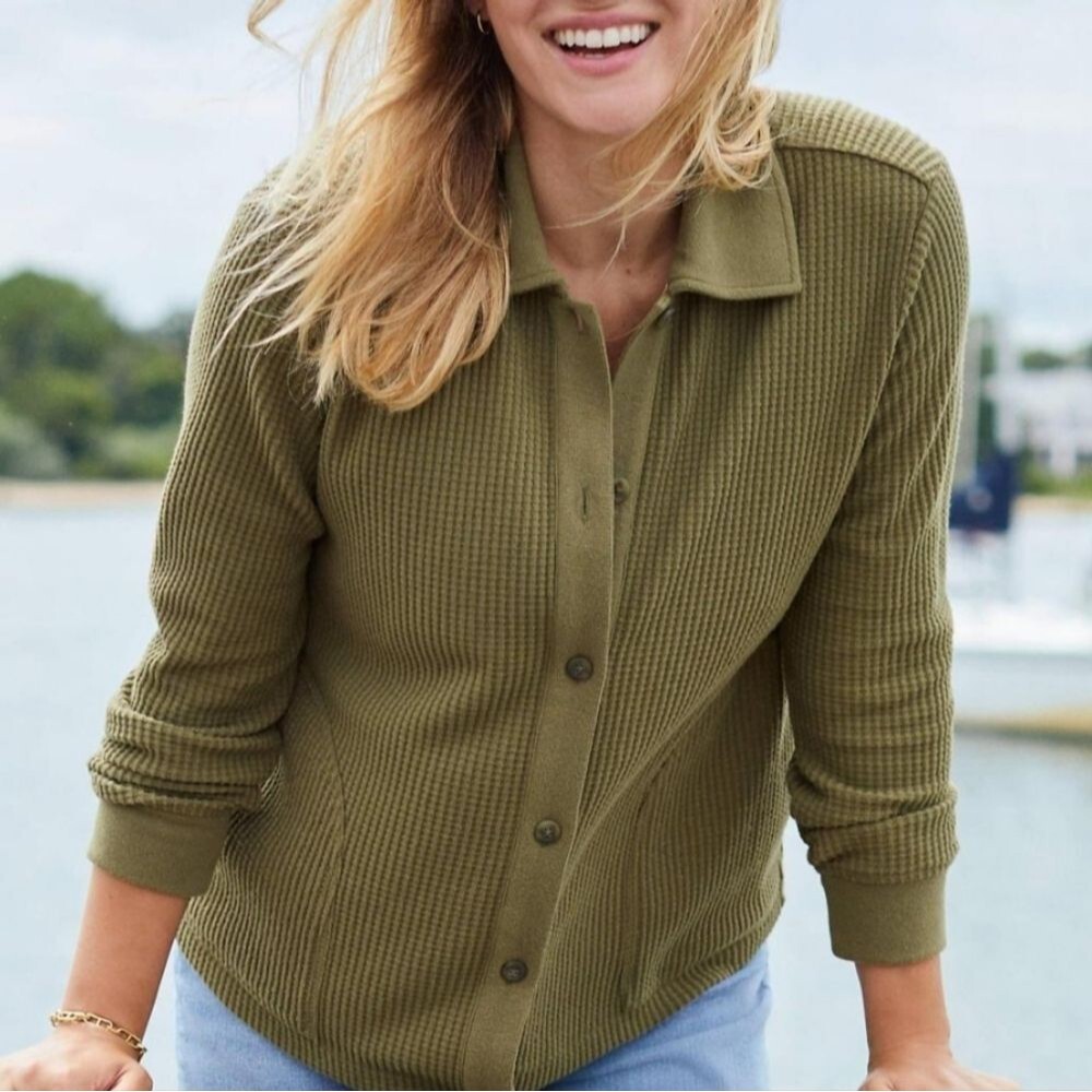 Lands' End green waffle relaxed long sleeve shirt jacket pockets size XL -18